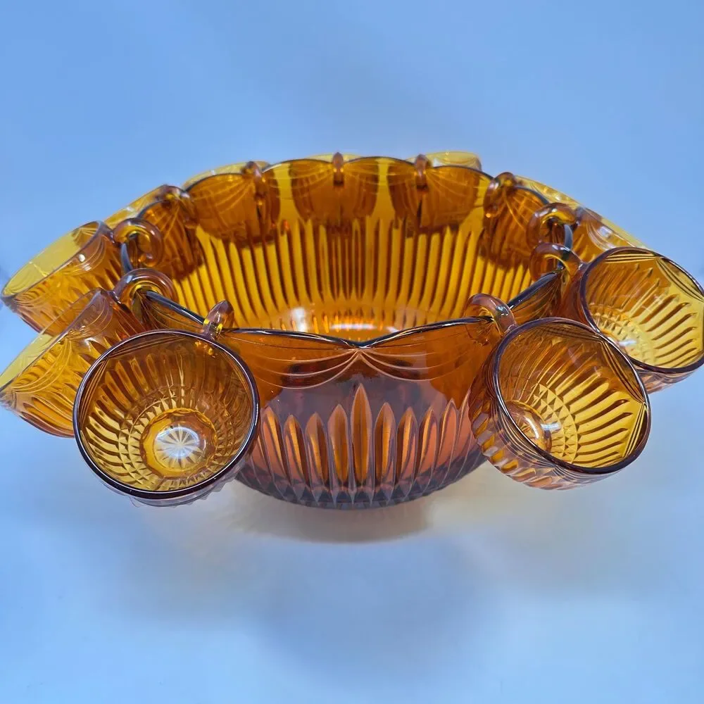 Vintage Indiana Glass Royal Drape Amber Punch Bowl Set with 11 Matching Cups